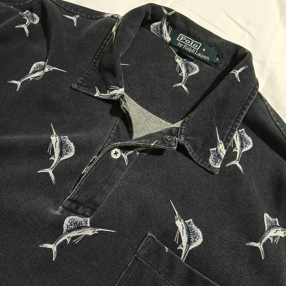 VTG POLO by Ralph Lauren large Navy Blue 100% cotton SAILFISH polo short-sleeved